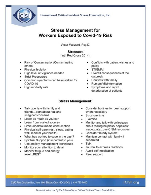 Stress Management for Workers Exposed to COVID-19 Risk
