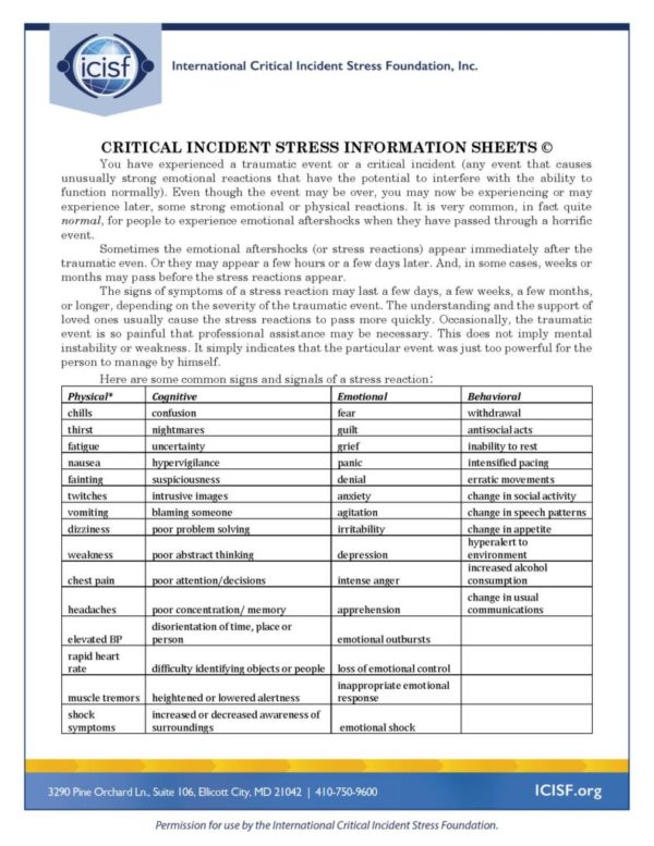 CRITICAL INCIDENT STRESS INFORMATION SHEETS