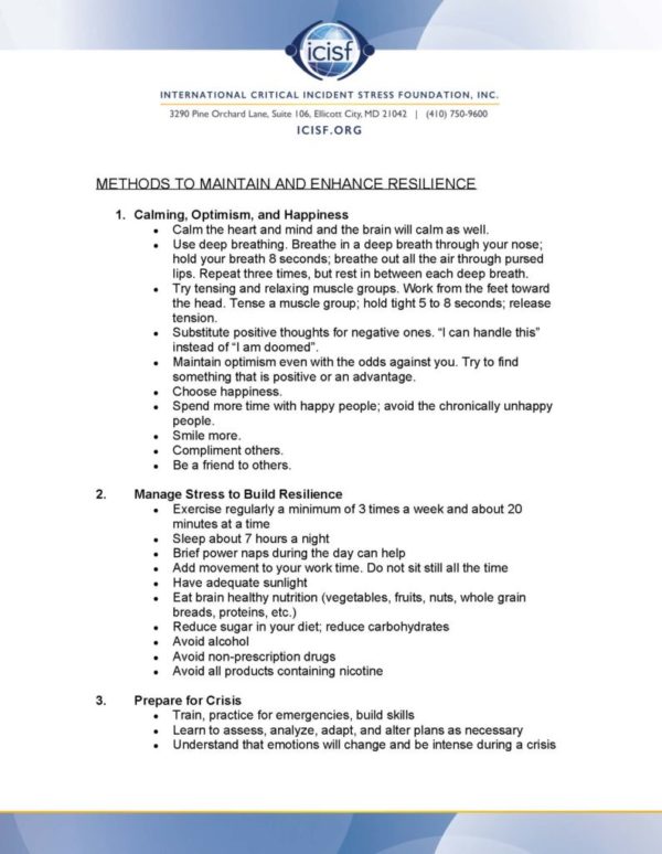 METHODS TO MAINTAIN AND ENHANCE RESILIENCE
