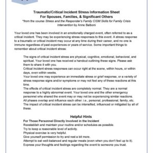 Traumatic Critical Incident Stress Info. Sheet for Spouses, Families, & Significant Others