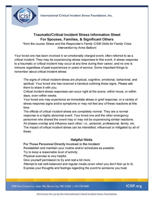 Traumatic Critical Incident Stress Info. Sheet for Spouses, Families, & Significant Others