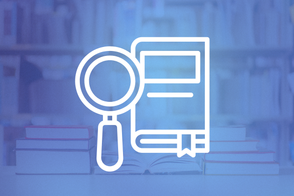 Magnifying glass and book icon over library background.