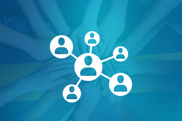 Network graphic over team hands together