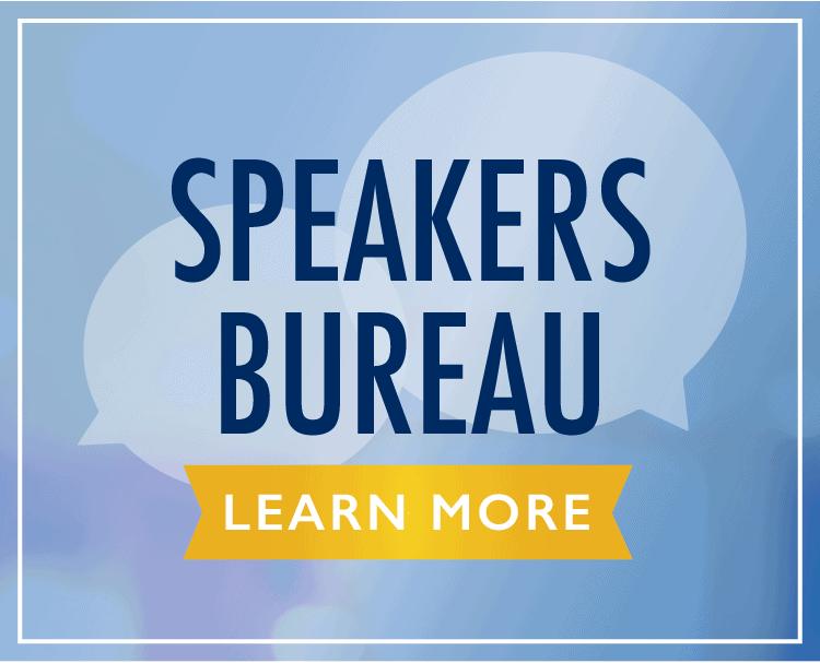 Speakers Bureau logo with learn more button.