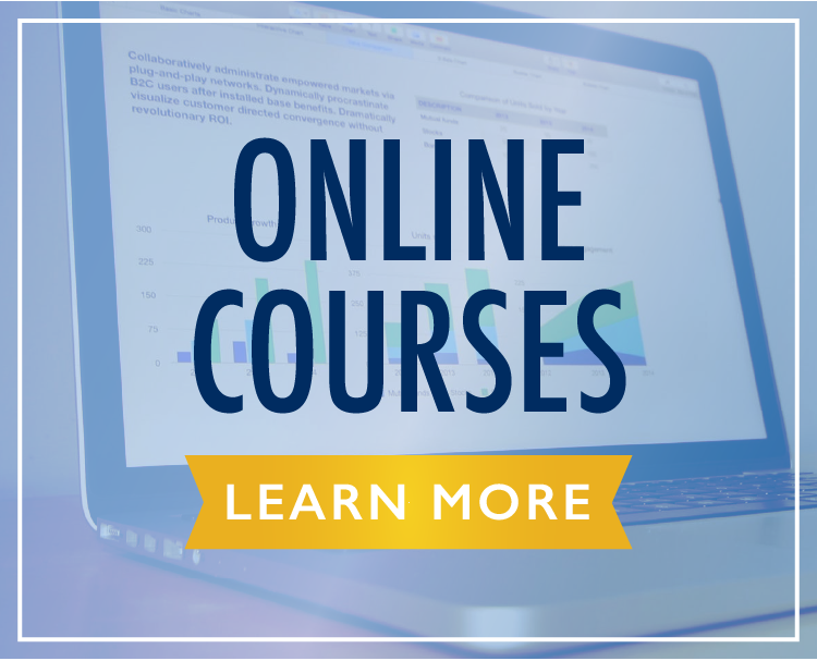 Laptop displaying online courses promo banner.